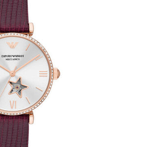 Buy Shop Emporio Armani Meccanico Automatic Silver Dial Burgundy Leather Strap Watch For Women - AR60044 USA Online