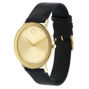 Buy Shop Movado Sapphire Gold Dial Black Leather Strap Watch For Men - 606883 USA Online