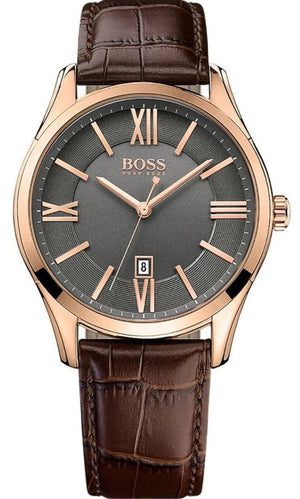 Buy Shop Hugo Boss Ambassador Grey Dial Brown Leather Strap Watch for Men - 1513387 USA Online