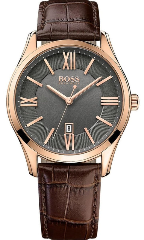 Buy Shop Hugo Boss Ambassador Grey Dial Brown Leather Strap Watch for Men - 1513387 USA Online