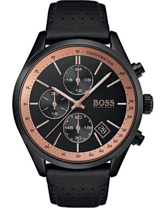 Buy Shop Hugo Boss Grand Prix Chronograph Black Dial Black Leather Strap Watch for Men - 1513550 USA Online