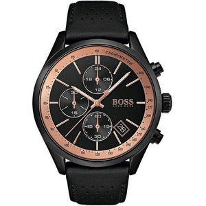 Buy Shop Hugo Boss Grand Prix Chronograph Black Dial Black Leather Strap Watch for Men - 1513550 USA Online