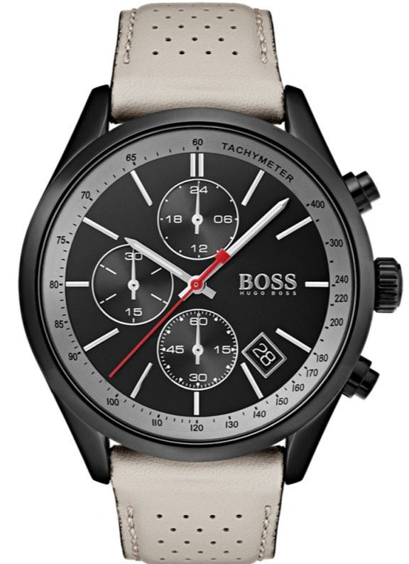 Buy Shop Hugo Boss Grand Prix Chronograph Black Dial Grey Leather Strap Watch for Men - 1513562 USA Online