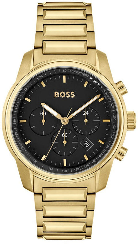 Buy Shop Hugo Boss Trace Chronograph Black Dial Gold Steel Strap Watch For Men - 1514006 USA Online