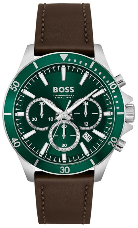 Buy Shop Hugo Boss Troper Chronograph Green Dial Brown Leather Strap Watch For Men - 1514098 USA Online