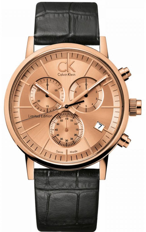 Buy Shop Calvin Klein Post Minimal Chronograph Rose Gold Dial Black Leather Strap Watch for Men - K7627201 USA Online