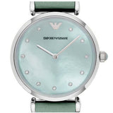 Buy Shop Emporio Armani Gianni T Bar Mother Of Pearl Blue Dial Blue Leather Strap Watch For Women - AR1959 USA Online