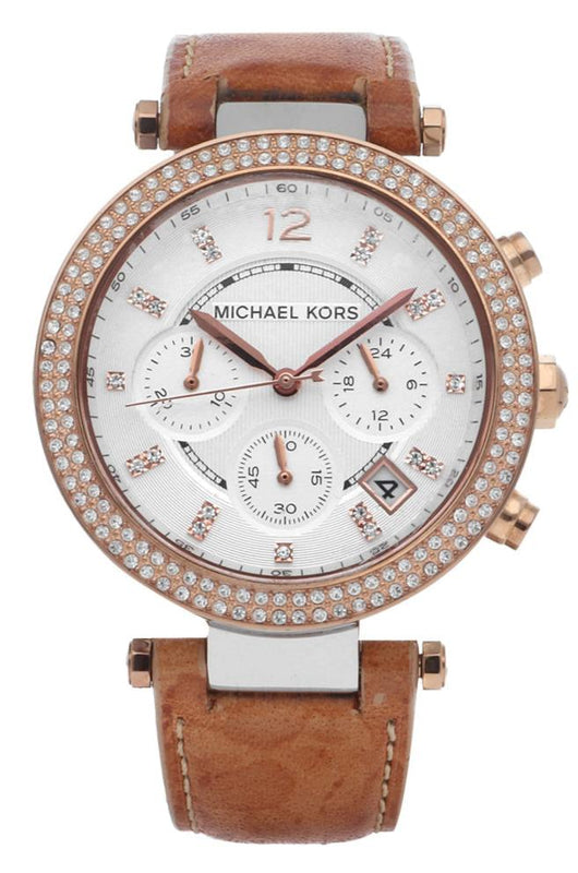 Buy Shop Michael Kors Parker Chronograph White Dial Tan Leather Strap Watch for Women - MK5633 USA Online