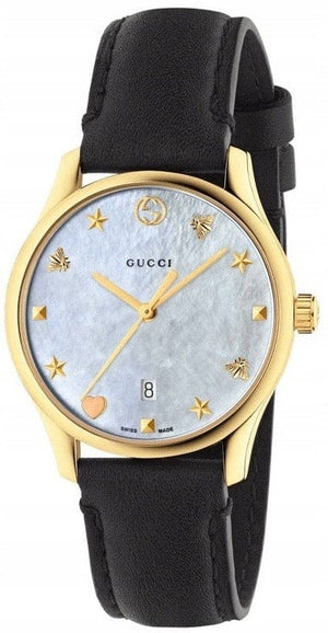 Buy Shop Gucci G-Timeless Mother of Pearl Dial Black Leather Strap Watch For Women - YA1264044 USA Online