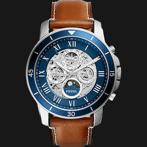 Buy Shop Fossil Grant Sport Automatic Skeleton Blue Dial Brown Leather Strap Watch for Men - ME3140 USA Online