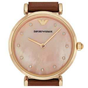 Buy Shop Emporio Armani Gianni T Bar Quartz Pink Mother of Pearl Dial Brown Leather Strap Watch For Women - AR1960 USA Online