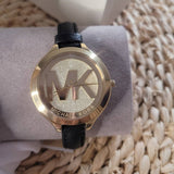 Buy Shop Michael Kors Slim Runway Quartz Gold Dial Black Leather Strap Watch For Women - MK2392 USA Online