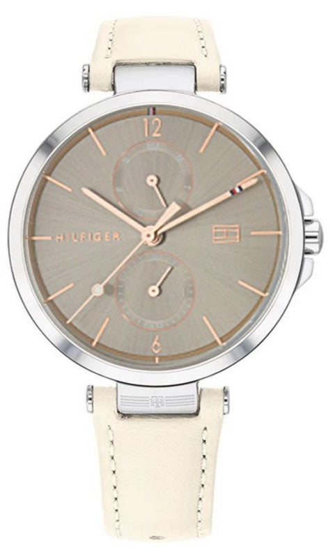 Buy Shop Tommy Hilfiger Angela Silver Dial Cream Leather Strap Watch for Women - 1782123 USA Online