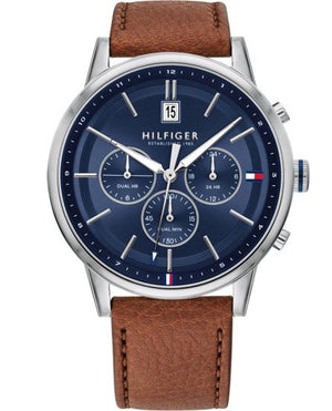 Buy Shop Tommy Hilfiger Kyle Multifunction Blue Dial Brown Leather Strap Watch for Men - 1791629 USA Online