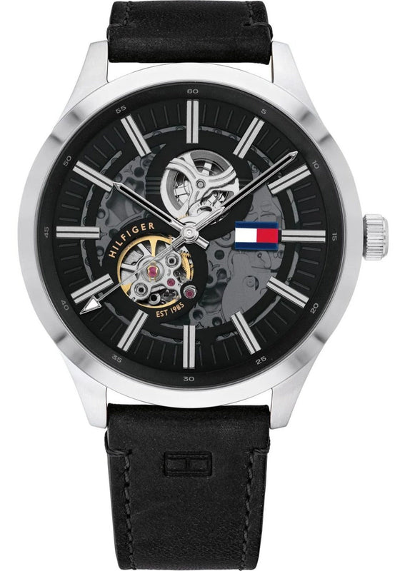Buy Shop Tommy Hilfiger Spencer Skeleton Black Dial Black Leather Strap Watch for Men - 1791641 USA Online