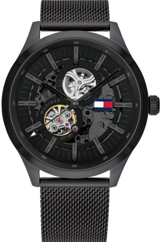 Buy Shop Tommy Hilfiger Spencer Skeleton Black Dial Black Mesh Bracelet Watch for Men - 1791644 USA Online