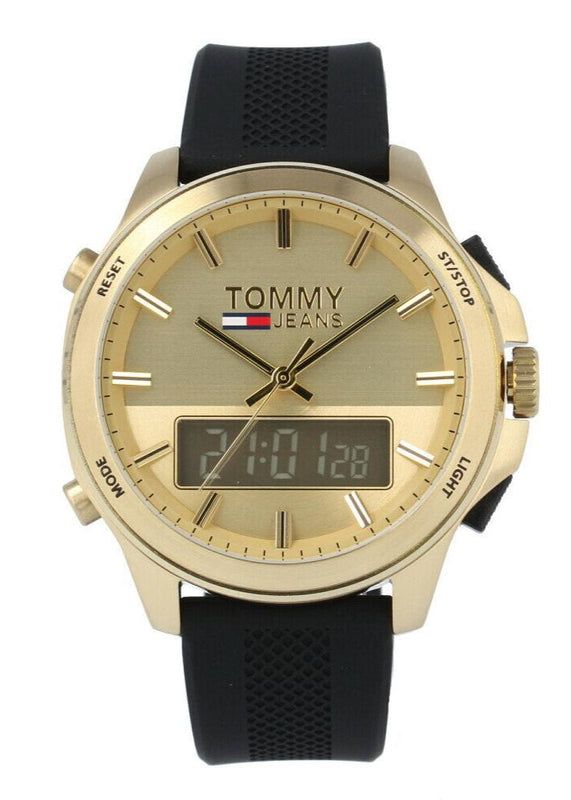 Buy Shop Tommy Hilfiger Jeans Digital Analog Gold Dial Black Rubber Strap Watch For Women - 1791762 USA Online