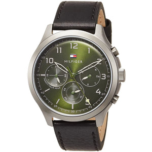 Buy Shop Tommy Hilfiger Asher Chronograph Green Dial Black Leather Strap Watch For Men - 1791856 USA Online