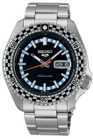 Seiko 5 Sports Checker Flag Special Edition Black Dial Silver Steel Strap Watch For Men - SRPK67K1