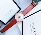 Gucci G Timeless Quartz Diamonds Pink Dial Red Leather Strap Watch For Women - YA1265017