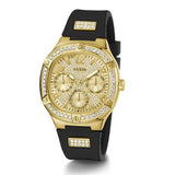 Guess Duchess Crystals Gold Dial Black Silicon Strap Watch For Women - GW0619L2