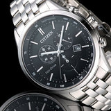 Citizen Eco Drive Chronograph Black Dial Silver Steel Strap Watch For Men - AT2140-55E