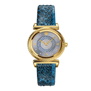 Buy Shop Versace V-Motif Vintage Logo Diamonds Blue Dial Blue Leather Strap Watch for Women - VERE01018 USA Online