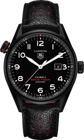 Buy Shop Tag Heuer Carrera Calibre 5 Drive Timer Black Dial Black Leather Strap Watch for Men - WAR2A80.FC6337 USA Online