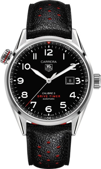 Buy Shop Tag Heuer Carrera Calibre 5 Drive Timer Black Dial Black Leather Strap Watch for Men - WAR2A10.FC6337 USA Online