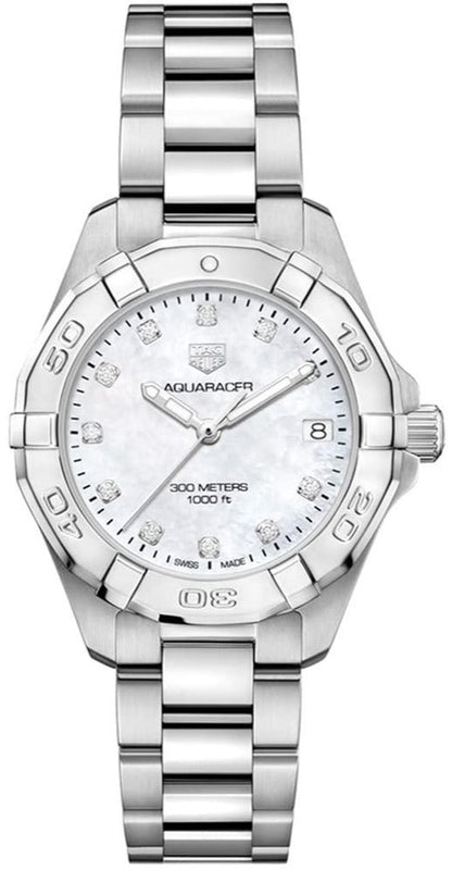 Buy Shop Tag Heuer Aquaracer Diamonds White Mother of Pearl Dial Silver Steel Strap Watch for Women - WBD1314.BA0740 USA Online