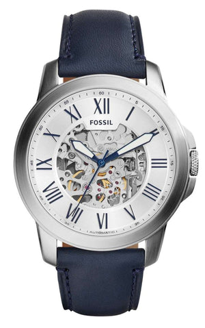 Buy Shop Fossil Grant Automatic Skeleton Silver Dial Blue Leather Strap Watch for Men - ME3111 USA Online