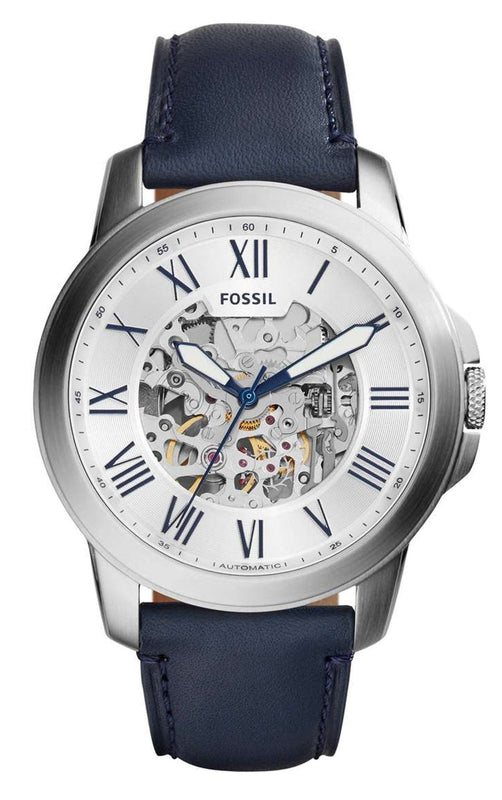 Buy Shop Fossil Grant Automatic Skeleton Silver Dial Blue Leather Strap Watch for Men - ME3111 USA Online
