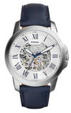 Buy Shop Fossil Grant Automatic Skeleton Silver Dial Blue Leather Strap Watch for Men - ME3111 USA Online