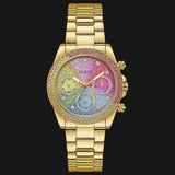 Guess Confetti Chronograph Rainbow Dial Gold Steel Strap Watch For Women - GW0483L4