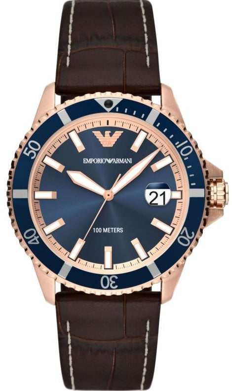 Buy Shop Emporio Armani Pro Planet Three Hand Date Blue Dial Brown Leather Strap Watch For Men - AR11556 USA Online