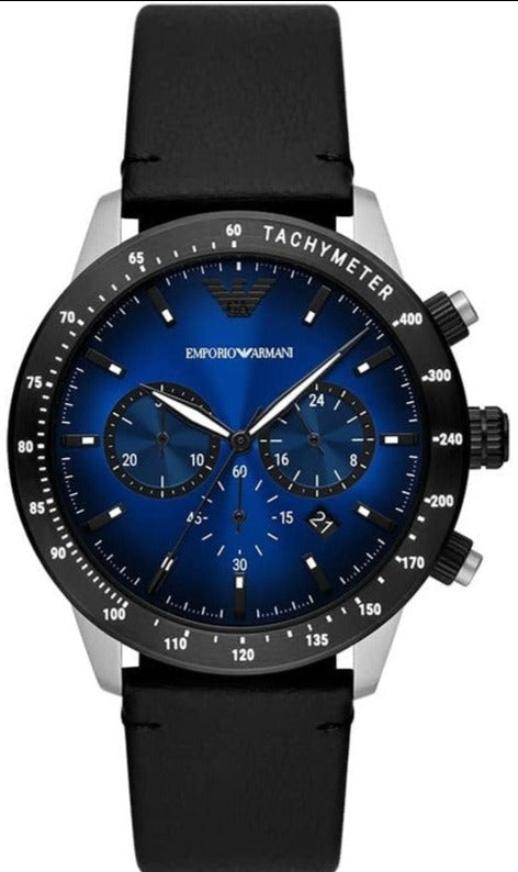 Buy Shop Emporio Armani Mario Chronograph Blue Dial Black Leather Strap Watch For Men - AR11522 USA Online