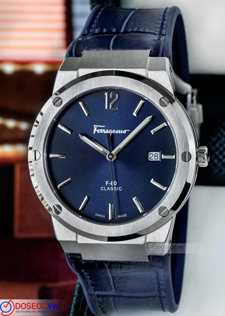 Salvatore Ferragamo F-80 Classic Blue Dial Blue Leather Strap Watch for Men - SFDT00319