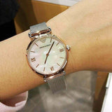 Buy Shop Emporio Armani Gianni T Bar Mother of Pearl Dial Silver Mesh Bracelet Watch For Women - AR2068 USA Online