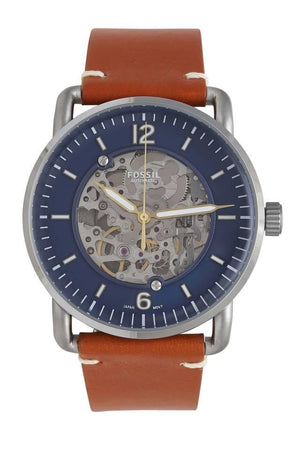 Buy Shop Fossil Commuter Automatic Skeleton Blue Dial Brown Leather Strap Watch for Men - ME3159 USA Online