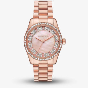 Buy Shop Michael Kors Lexington Three Hand Mother of Pearl Pink Dial Rose Gold Steel Strap Watch For Women - MK7444 USA Online