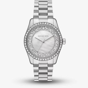 Buy Shop Michael Kors Lexington Lux Three Hand Mother of Pearl Silver Dial Silver Steel Strap Watch for Women - MK7445 USA Online