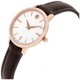 Movado Ultra Slim White Dial Brown Leather Strap Watch For Women - 0607096