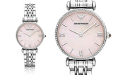 Buy Shop Emporio Armani Gianni T Bar Pink Mother of Pearl Dial Silver Steel Strap Watch For Women - AR1779 USA Online