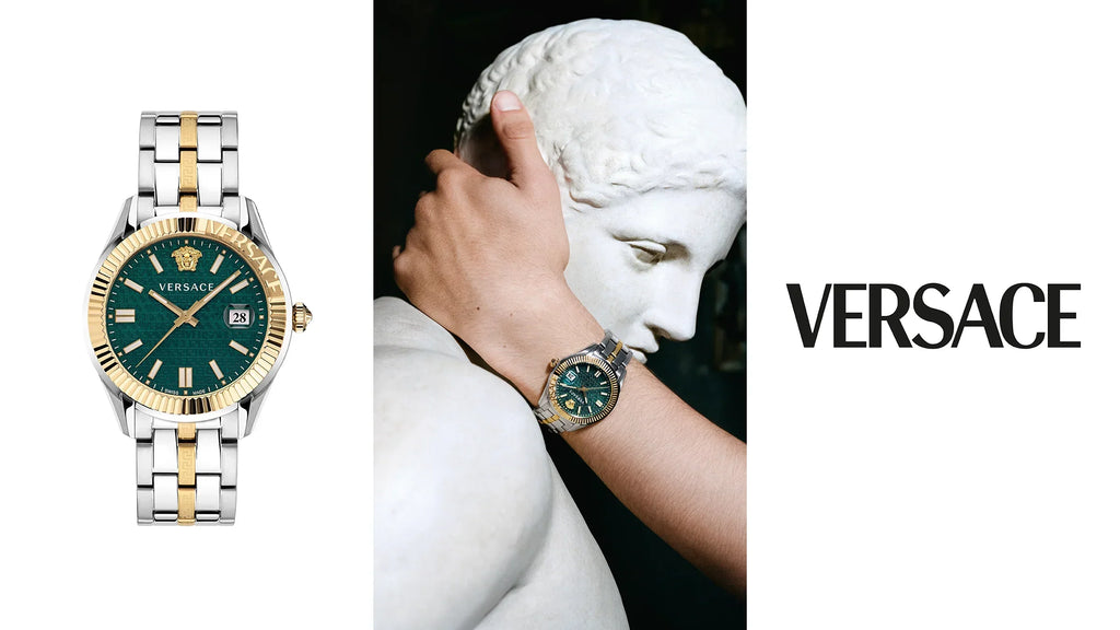 Buy Shop Versace Greca Time Quartz Green Dial Two Tone Steel Strap Watch For Men - VE3K00422 USA Online