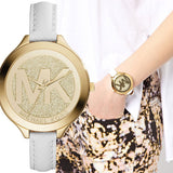 Buy Shop Michael Kors Slim Runway Quartz Gold Dial White Leather Strap Watch For Women - MK2389 USA Online