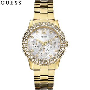 Buy Shop Guess Dazzler Diamonds Silver Dial Gold Steel Strap Watch for Women - W0335L2 USA Online