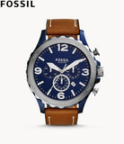 Buy Shop Fossil Nate Chronograph Navy Blue Dial Brown Leather Strap Watch for Men - JR1504 USA Online