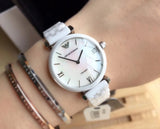 Buy Shop Emporio Armani Giannti T Bar Quartz Mother of Pearl Dial White Steel Strap Watch For Women - AR1485 USA Online