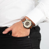 Buy Shop Fossil Grant Automatic Beige Skeleton Dial Brown Leather Strap Watch for Men - ME3099 USA Online