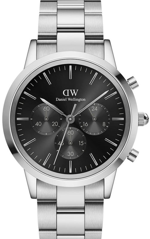 Buy Shop Daniel Wellington Iconic Chronograph Link Black Dial Silver Steel Strap Watch For Men - DW00100645 USA Online
